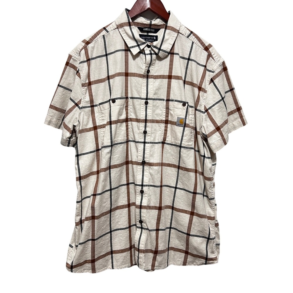 Carhartt Mens Workwear Gorpcore Button Up XL Cream Plaid Rugged Flex Relaxed Fit